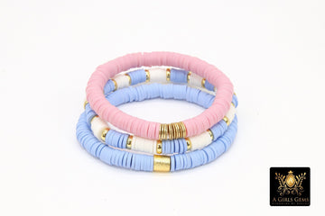 Heishi Beaded Bracelet, Pink White Blue Baby Shower Gold Stretchy Bracelet #698, Boy Girl Beaded Stacks, Reveal Party Jewelry Gifts - A Girls Gems